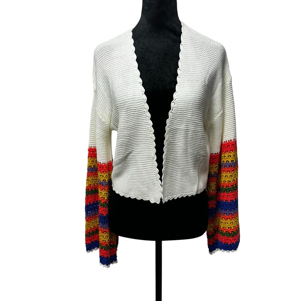 Crochet Cardigan Medium Cropped Bell Sleeve Rainbow Ivory NWT Coquette Boho Chic
